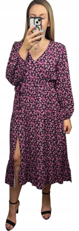 Sukienka midi dłuższa w kwiaty z rozcięciem szerokie rękawy czarna różowa- FLORA