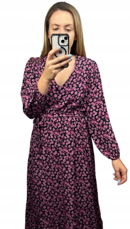 Sukienka midi dłuższa w kwiaty z rozcięciem szerokie rękawy czarna różowa- FLORA