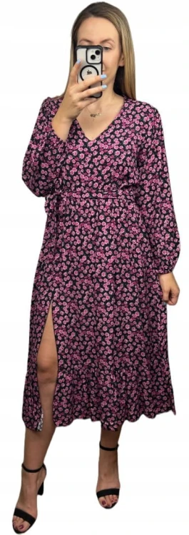 Sukienka midi dłuższa w kwiaty z rozcięciem szerokie rękawy czarna różowa- FLORA