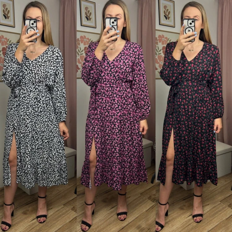 Sukienka midi dłuższa w kwiaty z rozcięciem szerokie rękawy czarna różowa- FLORA