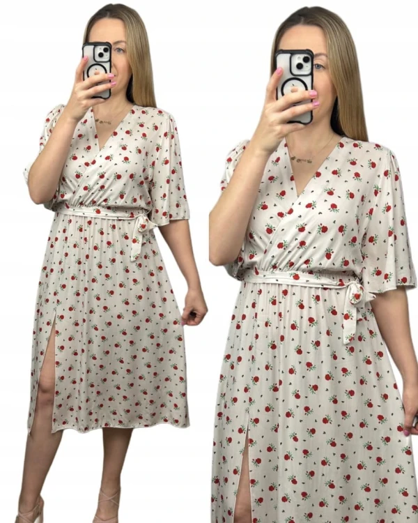 Sukienka midi kopertowy dekolt kwiaty rozcięcie wiskoza jasny beż czerwona