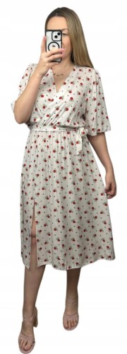 Sukienka midi kopertowy dekolt kwiaty rozcięcie wiskoza jasny beż czerwona