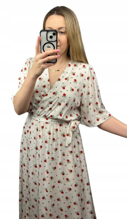 Sukienka midi kopertowy dekolt kwiaty rozcięcie wiskoza jasny beż czerwona