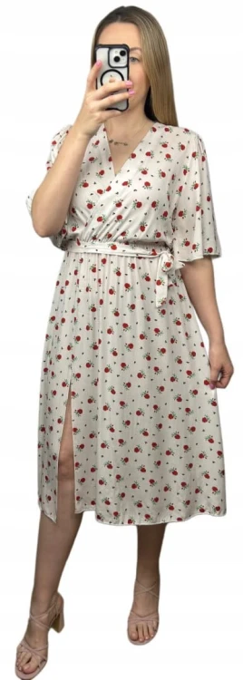 Sukienka midi kopertowy dekolt kwiaty rozcięcie wiskoza jasny beż czerwona