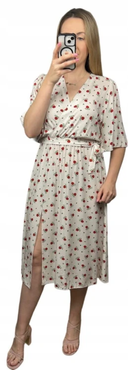 Sukienka midi kopertowy dekolt kwiaty rozcięcie wiskoza jasny beż czerwona