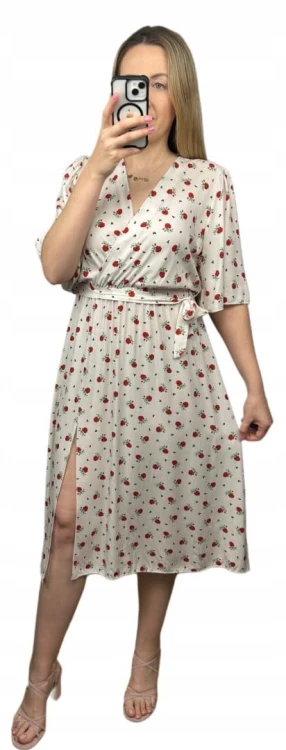 Sukienka midi kopertowy dekolt kwiaty rozcięcie wiskoza jasny beż czerwona