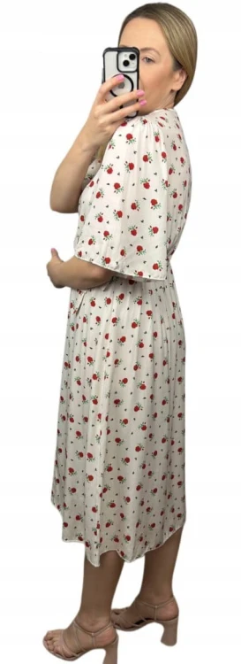 Sukienka midi kopertowy dekolt kwiaty rozcięcie wiskoza jasny beż czerwona