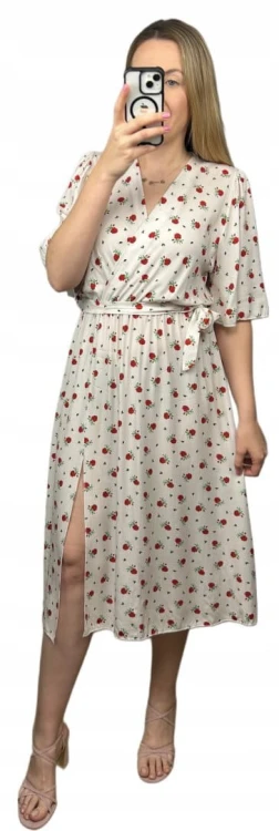 Sukienka midi kopertowy dekolt kwiaty rozcięcie wiskoza jasny beż czerwona