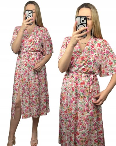 Sukienka midi kopertowy dekolt kwiaty rozcięcie wiskoza różowa jasny beż