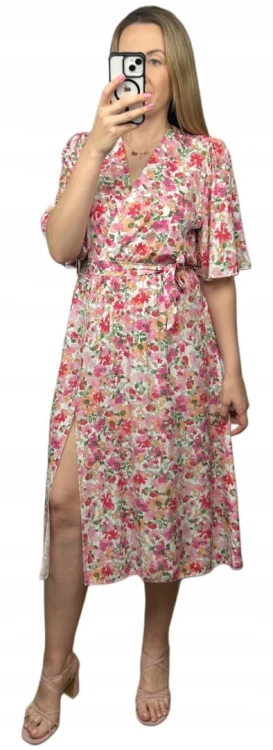 Sukienka midi kopertowy dekolt kwiaty rozcięcie wiskoza różowa jasny beż