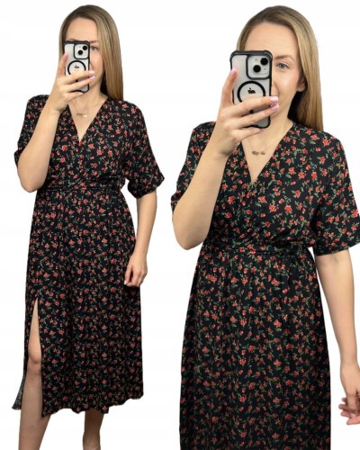 Sukienka midi kopertowy dekolt w kwiaty rozcięcie 100% wiskoza czarna