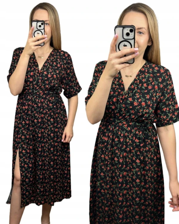 Sukienka midi kopertowy dekolt w kwiaty rozcięcie 100% wiskoza czarna