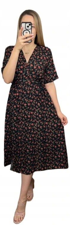 Sukienka midi kopertowy dekolt w kwiaty rozcięcie 100% wiskoza czarna