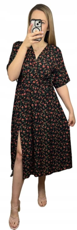 Sukienka midi kopertowy dekolt w kwiaty rozcięcie 100% wiskoza czarna