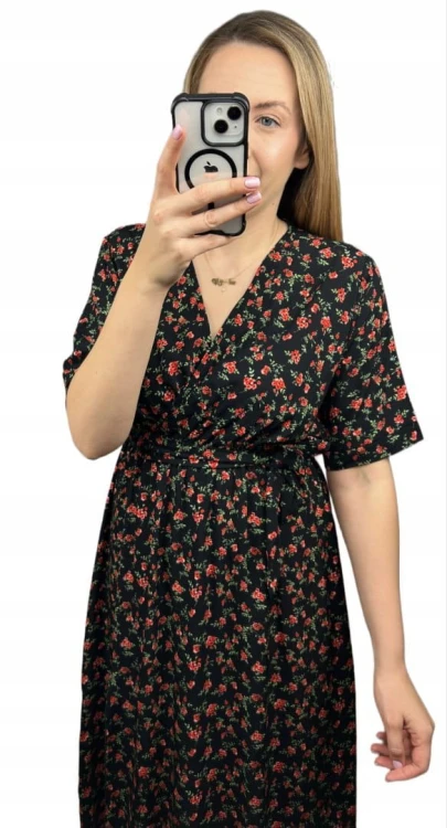 Sukienka midi kopertowy dekolt w kwiaty rozcięcie 100% wiskoza czarna