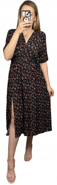 Sukienka midi kopertowy dekolt w kwiaty rozcięcie 100% wiskoza czarna