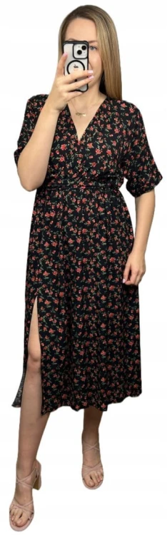 Sukienka midi kopertowy dekolt w kwiaty rozcięcie 100% wiskoza czarna