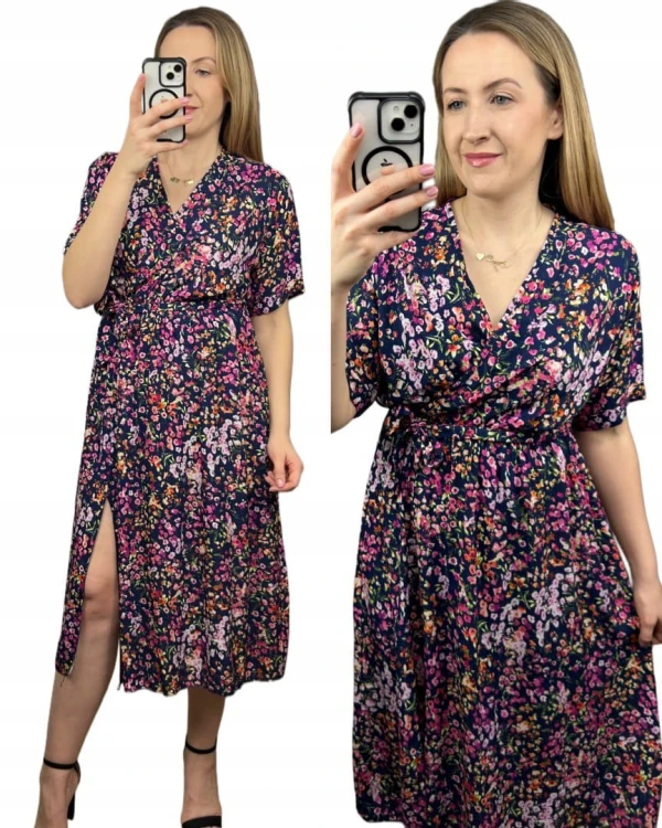 Sukienka midi kopertowy dekolt w kwiaty rozcięcie 100% wiskoza granatowa