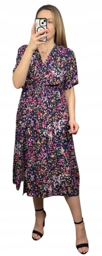 Sukienka midi kopertowy dekolt w kwiaty rozcięcie 100% wiskoza granatowa