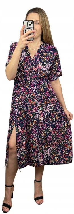 Sukienka midi kopertowy dekolt w kwiaty rozcięcie 100% wiskoza granatowa
