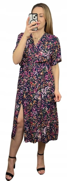 Sukienka midi kopertowy dekolt w kwiaty rozcięcie 100% wiskoza granatowa