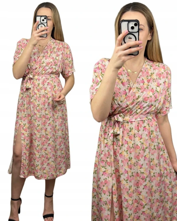 Sukienka midi kopertowy dekolt w kwiaty rozcięcie 100% wiskoza różowa