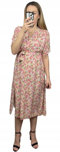 Sukienka midi kopertowy dekolt w kwiaty rozcięcie 100% wiskoza różowa