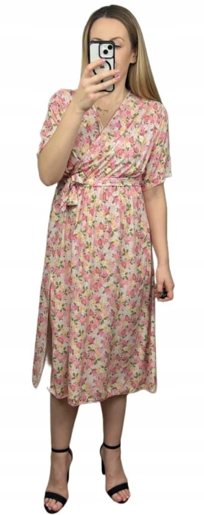 Sukienka midi kopertowy dekolt w kwiaty rozcięcie 100% wiskoza różowa