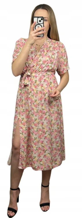 Sukienka midi kopertowy dekolt w kwiaty rozcięcie 100% wiskoza różowa