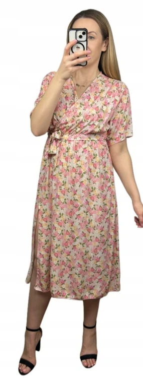 Sukienka midi kopertowy dekolt w kwiaty rozcięcie 100% wiskoza różowa