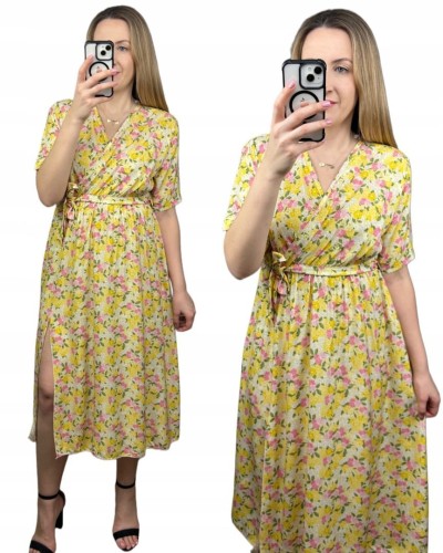 Sukienka midi kopertowy dekolt w kwiaty rozcięcie 100% wiskoza żółta