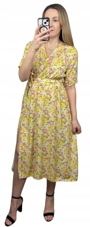 Sukienka midi kopertowy dekolt w kwiaty rozcięcie 100% wiskoza żółta