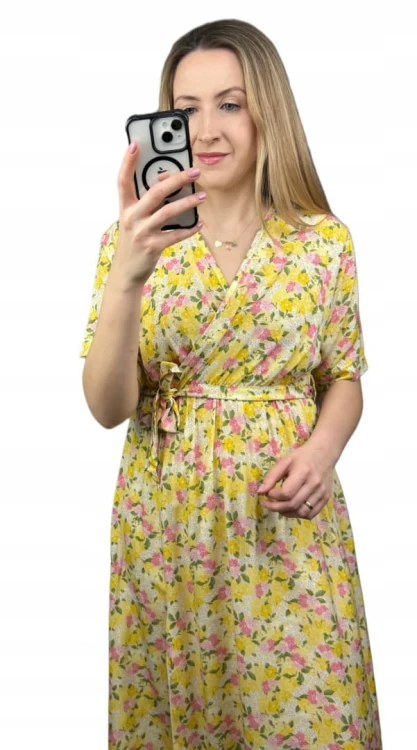 Sukienka midi kopertowy dekolt w kwiaty rozcięcie 100% wiskoza żółta