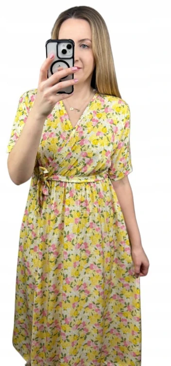 Sukienka midi kopertowy dekolt w kwiaty rozcięcie 100% wiskoza żółta