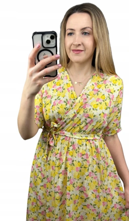 Sukienka midi kopertowy dekolt w kwiaty rozcięcie 100% wiskoza żółta