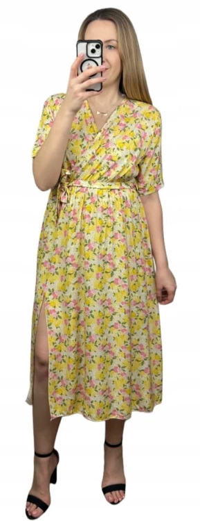 Sukienka midi kopertowy dekolt w kwiaty rozcięcie 100% wiskoza żółta