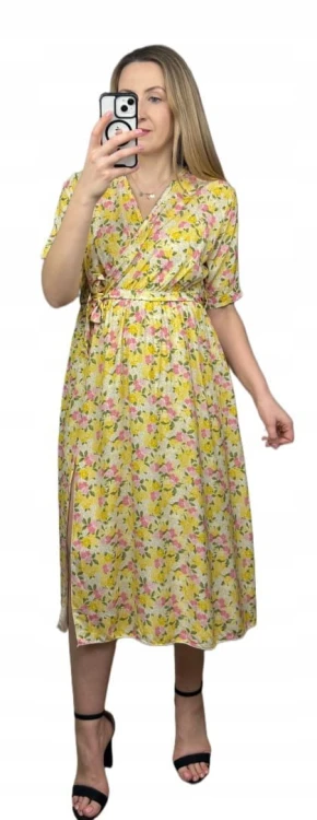 Sukienka midi kopertowy dekolt w kwiaty rozcięcie 100% wiskoza żółta