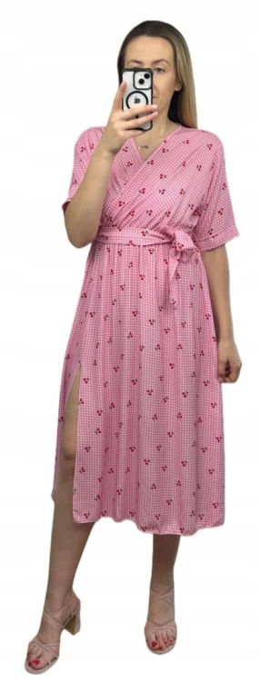 Sukienka midi kopertowy dekolt w wiśnie rozcięcie 100% wiskoza kratka