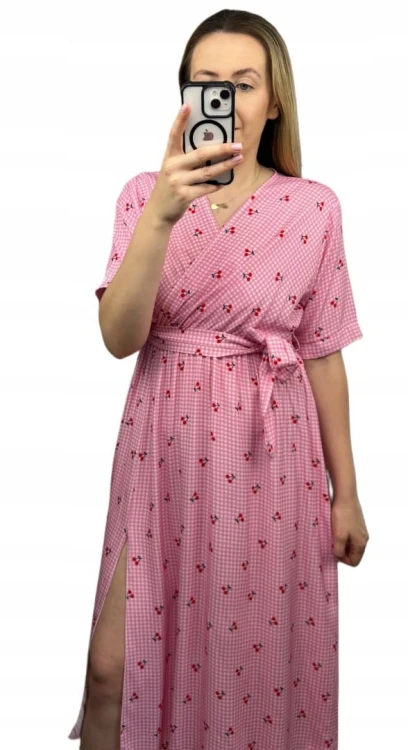 Sukienka midi kopertowy dekolt w wiśnie rozcięcie 100% wiskoza kratka