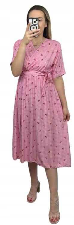 Sukienka midi kopertowy dekolt w wiśnie rozcięcie 100% wiskoza kratka