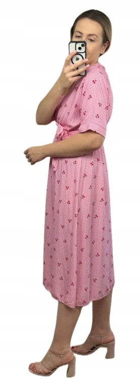 Sukienka midi kopertowy dekolt w wiśnie rozcięcie 100% wiskoza kratka