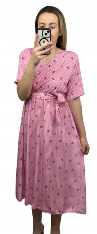 Sukienka midi kopertowy dekolt w wiśnie rozcięcie 100% wiskoza kratka