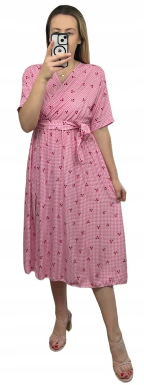 Sukienka midi kopertowy dekolt w wiśnie rozcięcie 100% wiskoza kratka