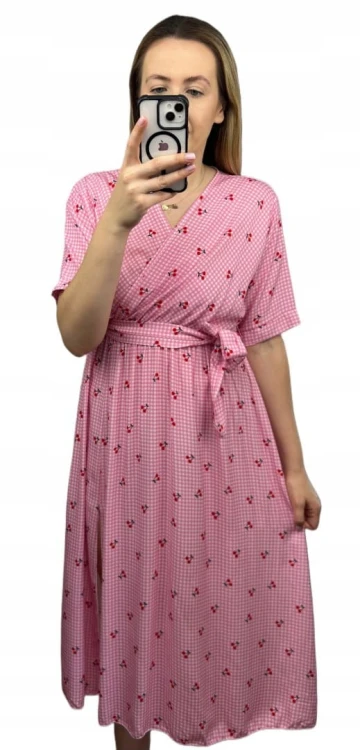 Sukienka midi kopertowy dekolt w wiśnie rozcięcie 100% wiskoza kratka