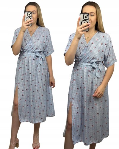 Sukienka midi kopertowy dekolt w wiśnie rozcięcie 100% wiskoza kratka