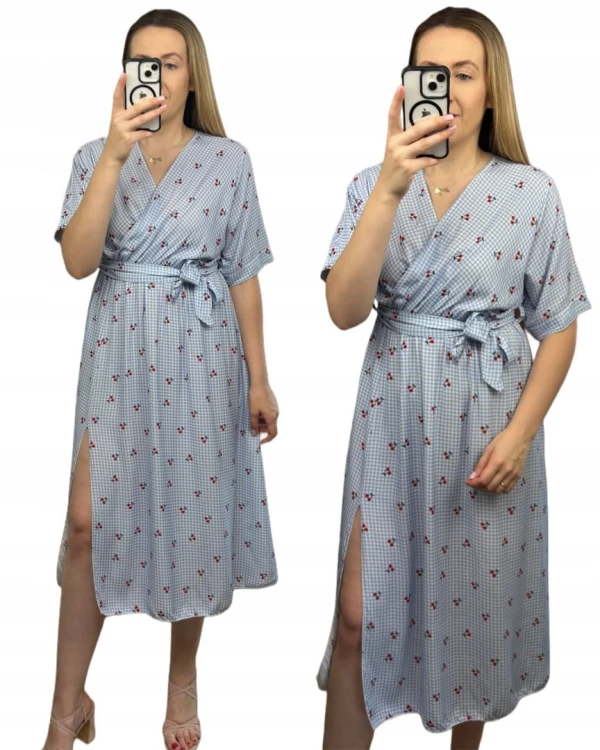 Sukienka midi kopertowy dekolt w wiśnie rozcięcie 100% wiskoza kratka