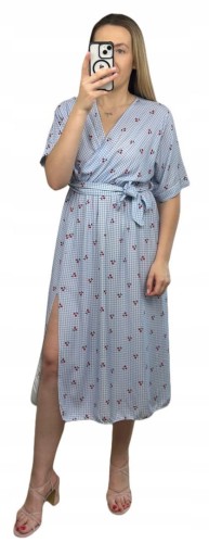 Sukienka midi kopertowy dekolt w wiśnie rozcięcie 100% wiskoza kratka