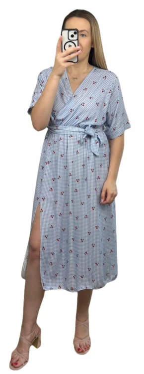 Sukienka midi kopertowy dekolt w wiśnie rozcięcie 100% wiskoza kratka