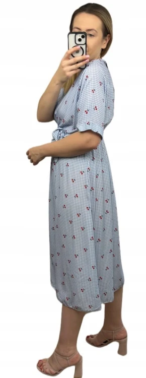 Sukienka midi kopertowy dekolt w wiśnie rozcięcie 100% wiskoza kratka