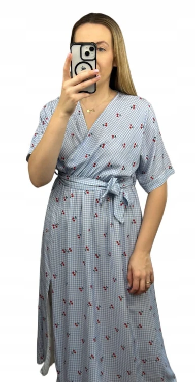 Sukienka midi kopertowy dekolt w wiśnie rozcięcie 100% wiskoza kratka